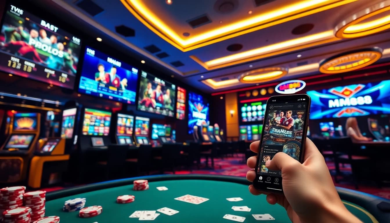 Experience the excitement of online gambling at MM88 with vibrant casino scenes, sports betting, and digital gaming elements.