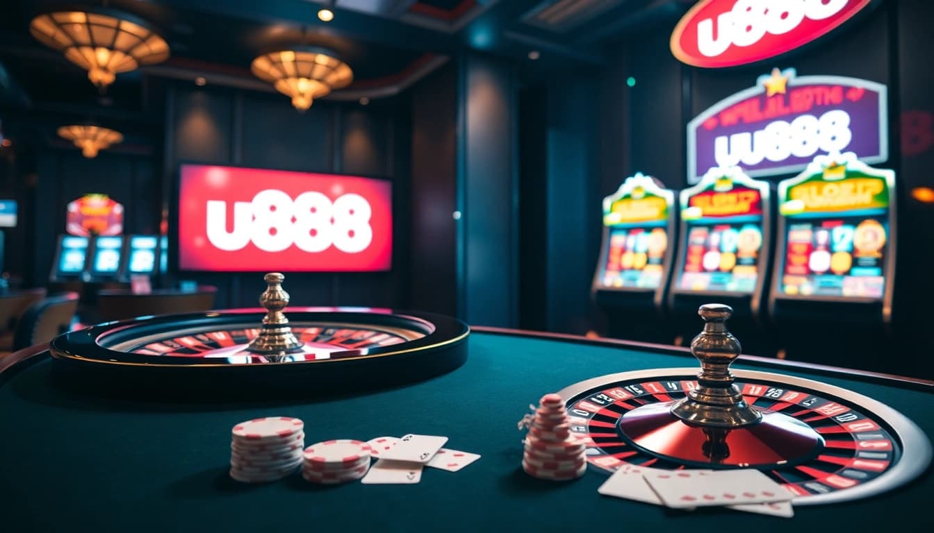 Engage in thrilling games at u888's sophisticated online casino with vibrant slot machines and an exciting poker table.
