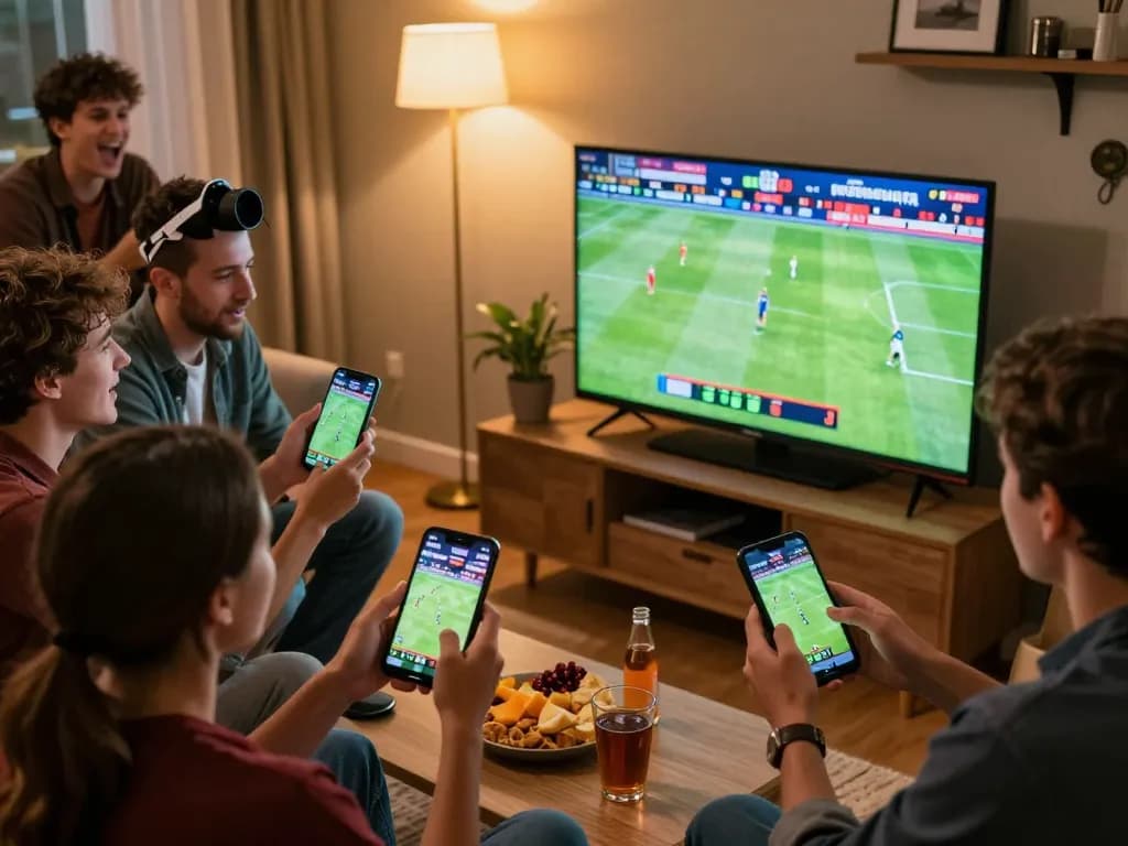 Friends engaging in sports betting with Go8 apps on their mobile devices during an exciting game night.