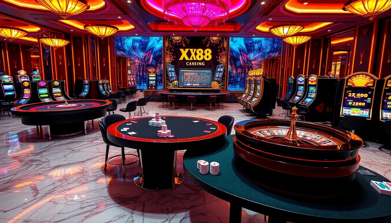 Experience the excitement of xin88 with a vibrant casino environment featuring poker tables and slot machines.