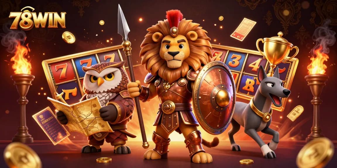 Experience thrilling gaming with 78WIN's vibrant 3D casino scene featuring dynamic elements and characters.