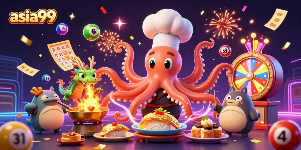 Join the fun at asia99 as the octopus chef serves golden dishes, amidst a burst of colors and excitement.