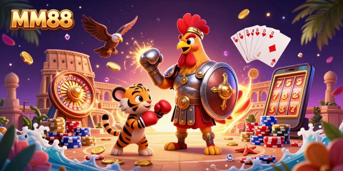 Engage in thrilling gameplay at MM88 with the gladiator rooster and casino elements.