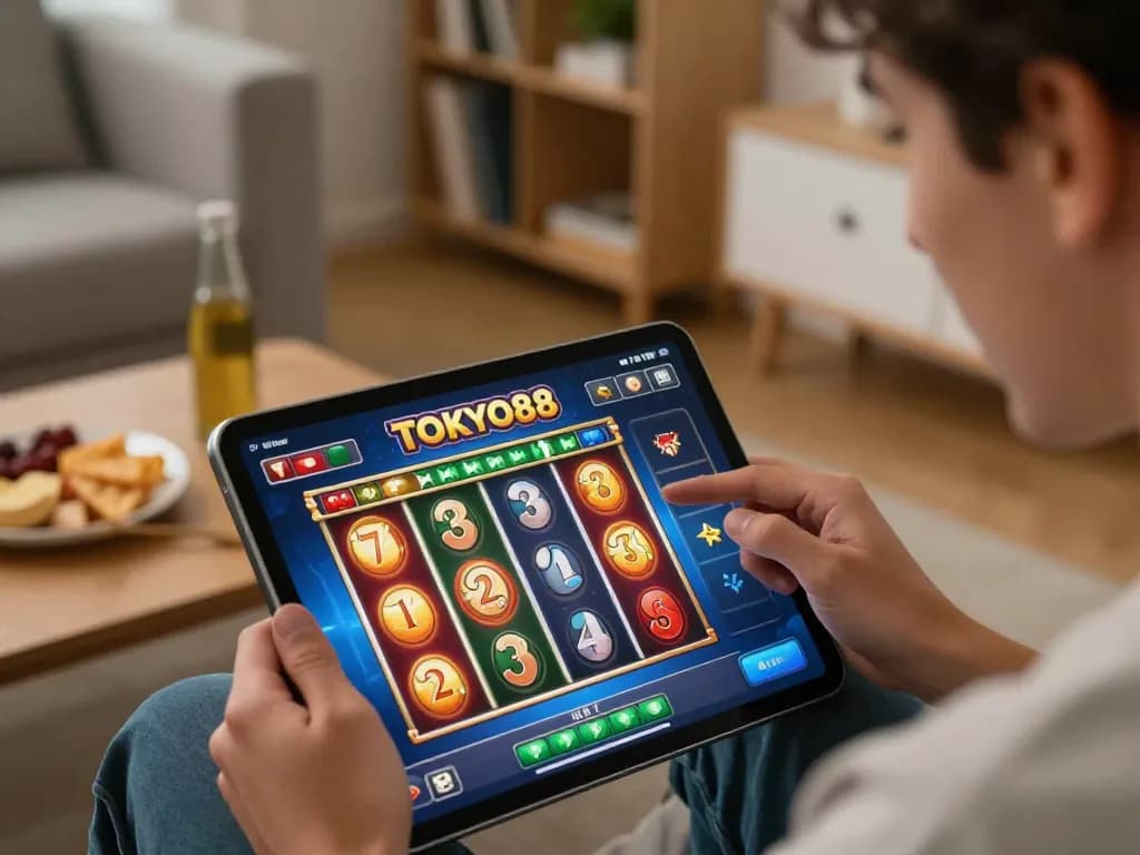 Pengguna TOKYO88 memutar slot online di tablet dalam suasana ruang tamu yang nyaman