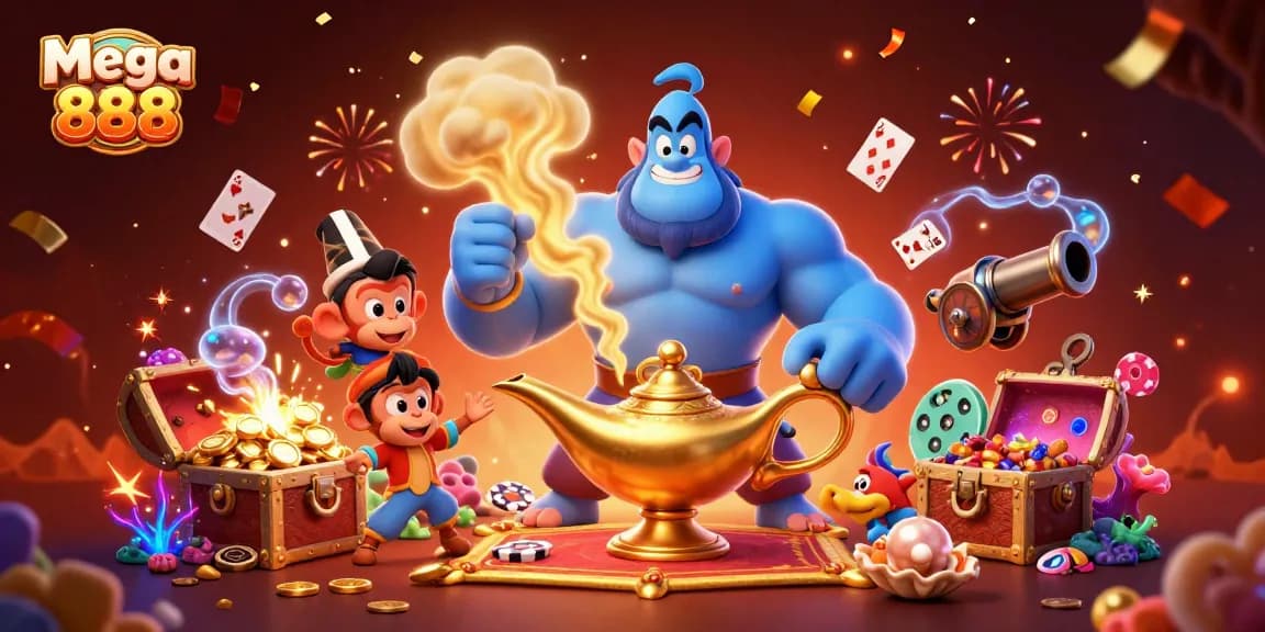 Mega 888 offers exciting slot games with vibrant visuals in a magical casino scene.
