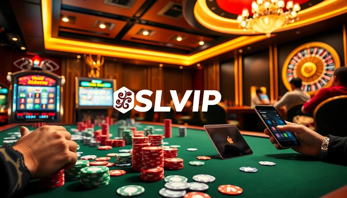 Experience thrilling casino action with vibrant games at https://slvip1.com.ph/, featuring poker chips, cards, and slot machines.