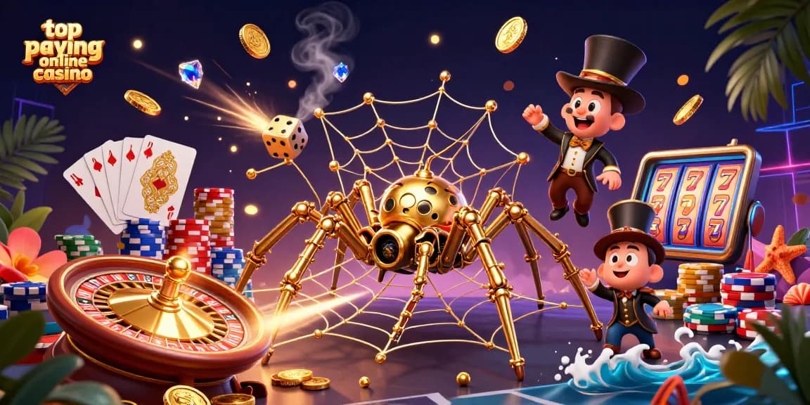 Capture the excitement of top paying online casino action with a steampunk spider and fly gentleman in a 3D scene.