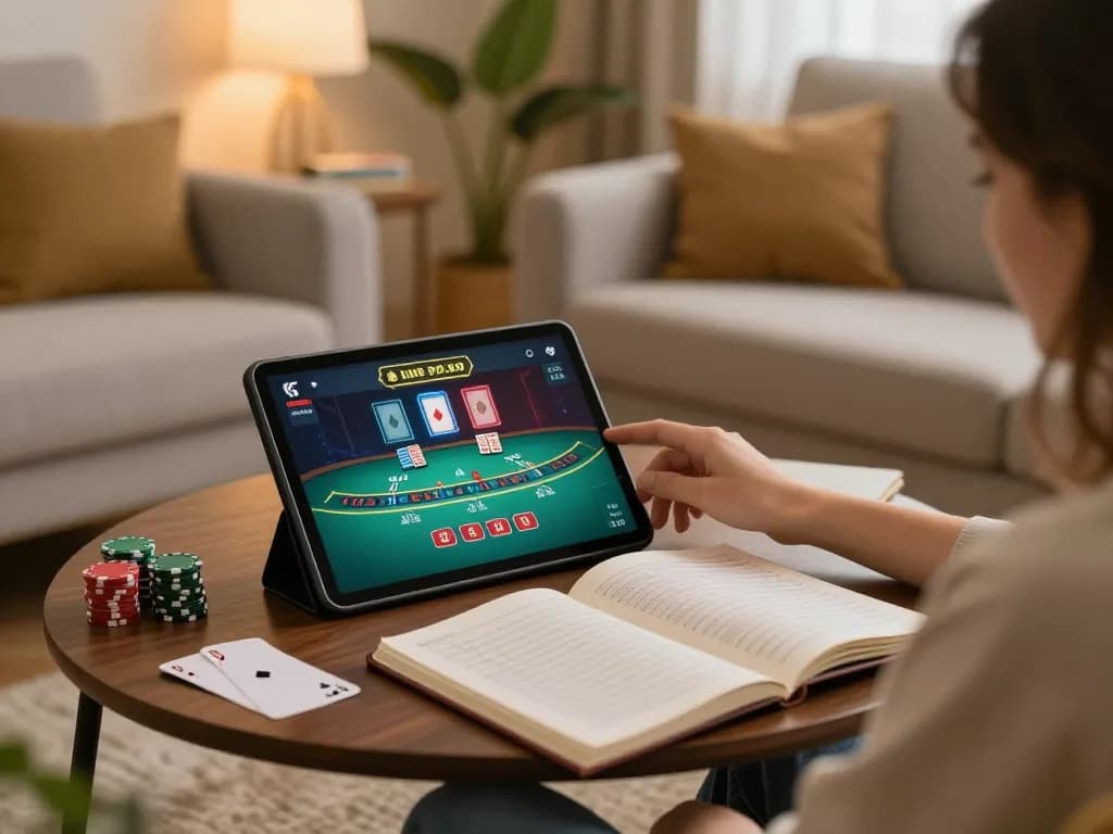Player enjoying blackjack on 123bmvp tablet in a cozy home setting, emphasizing responsible gaming