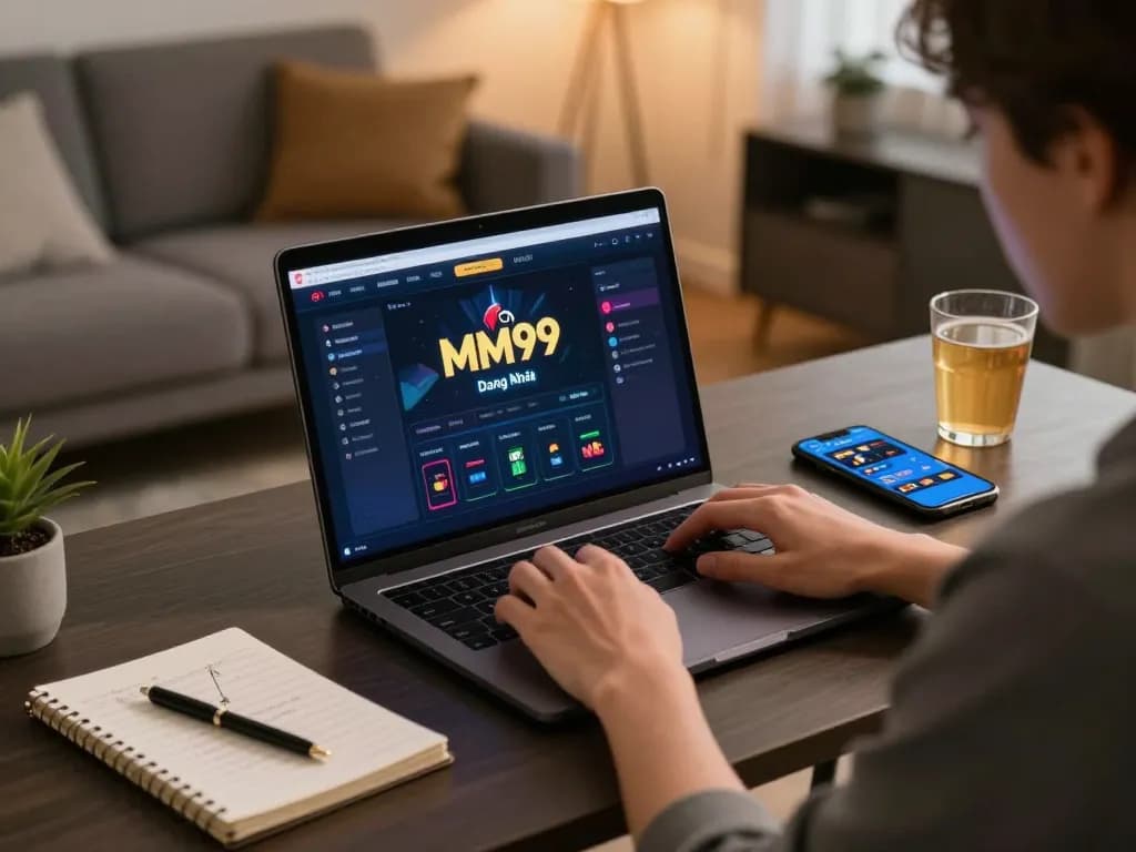 Engaging moment of MM99 Đăng Nhập on laptop, showcasing online gaming strategies and comfortable atmosphere.