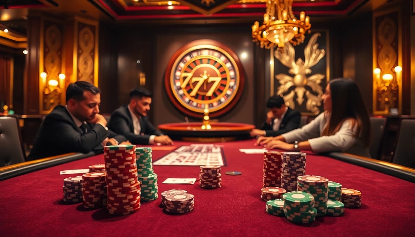 Players diving into an exciting poker game at 777g casino, showcasing colorful chips and cards.