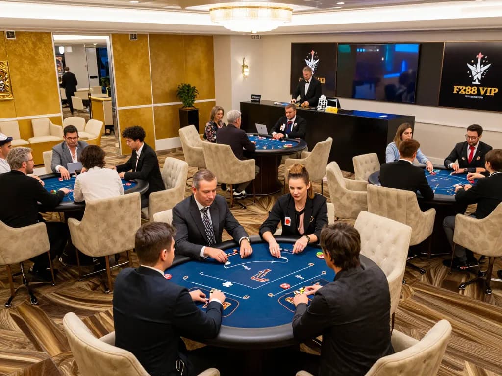 Players engaging in a high-stakes poker game in the luxurious F168VIP area, showcasing excitement and sophistication.