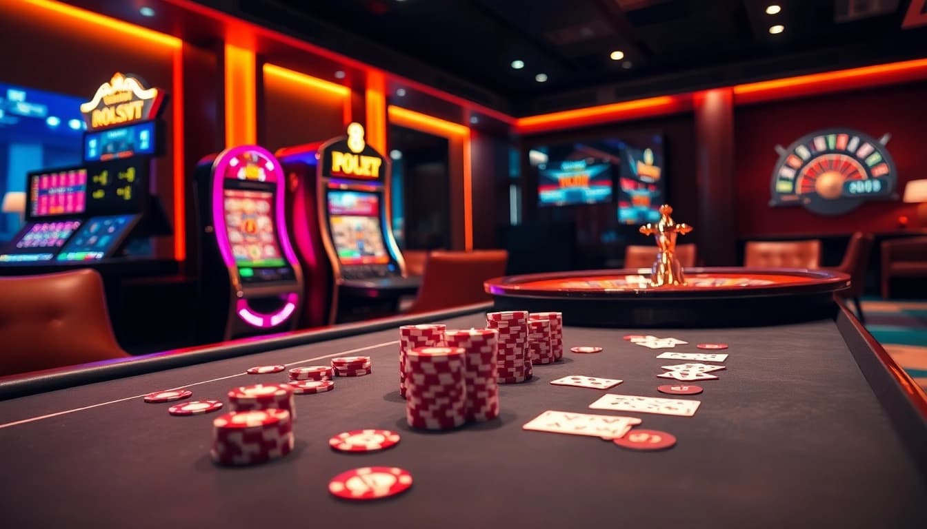 S8 nhà cái showcasing vibrant slot machines and a thrilling poker game atmosphere.