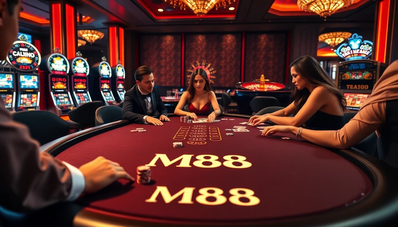 Players enjoying intense moments at the M88 poker table highlighting luxury in casino gaming.