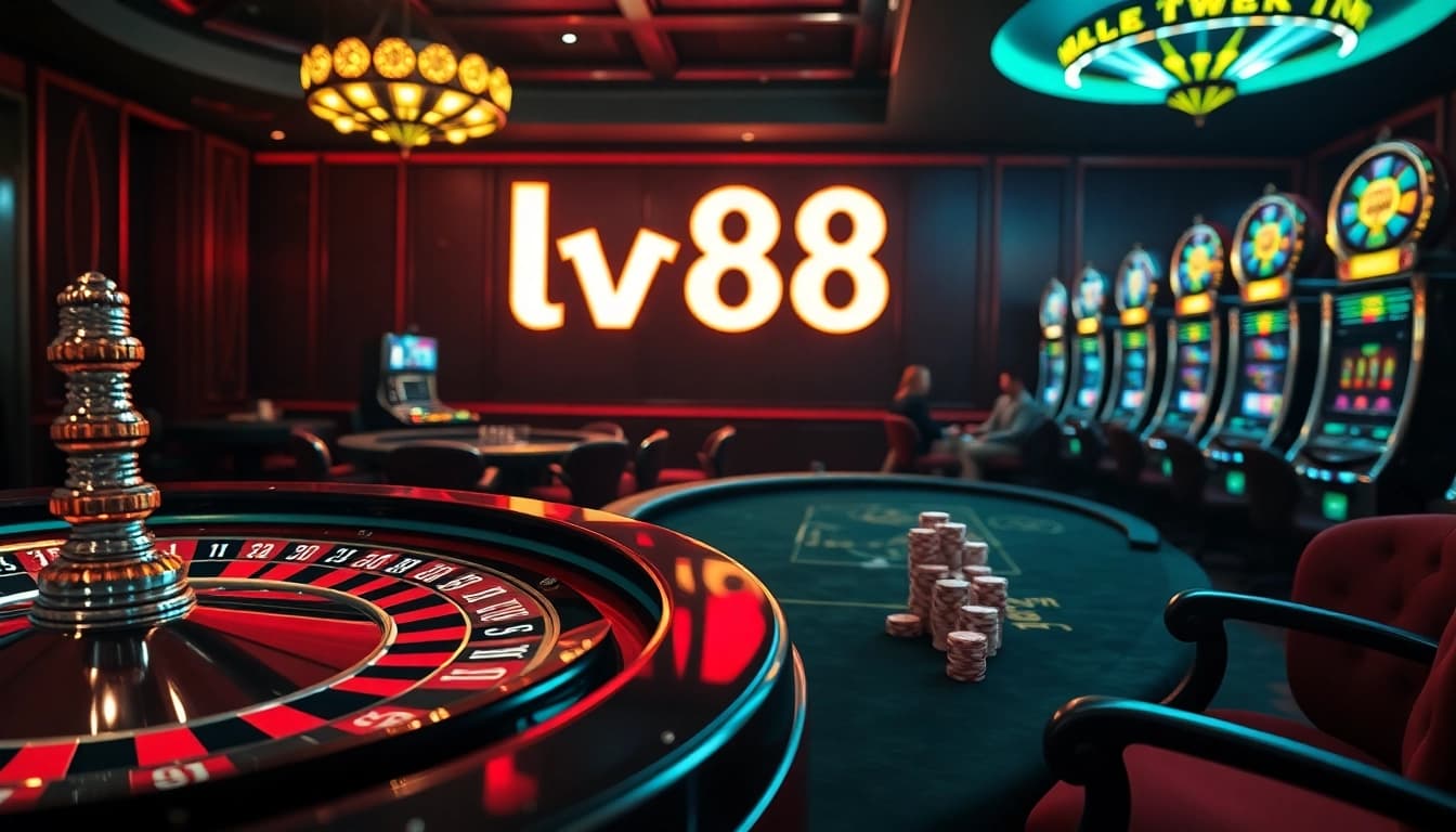 Experience the excitement of gambling at lv88 casino with poker chips and a lively atmosphere.