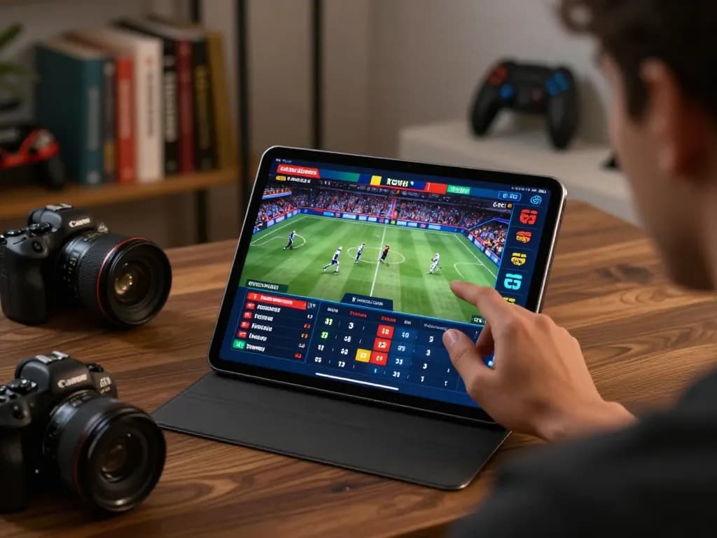 KONG88 user placing a live sports bet on a tablet in a cozy home office, showcasing responsible gambling