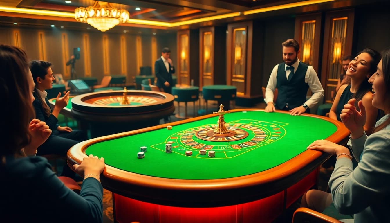 Players engaging in an exciting game at the KP88 casino table under elegant lighting.