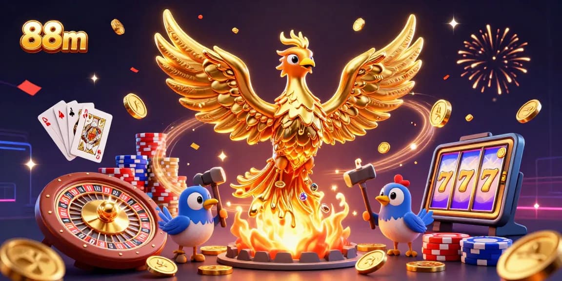 88m players winning big with a spectacular golden phoenix and casino elements in a vibrant scene.