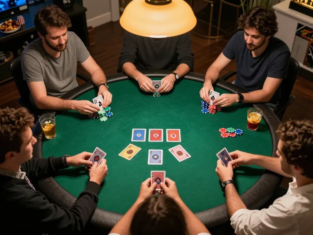 Players enjoying a thrilling poker game while using tr88 strategies around a vibrant green felt table.