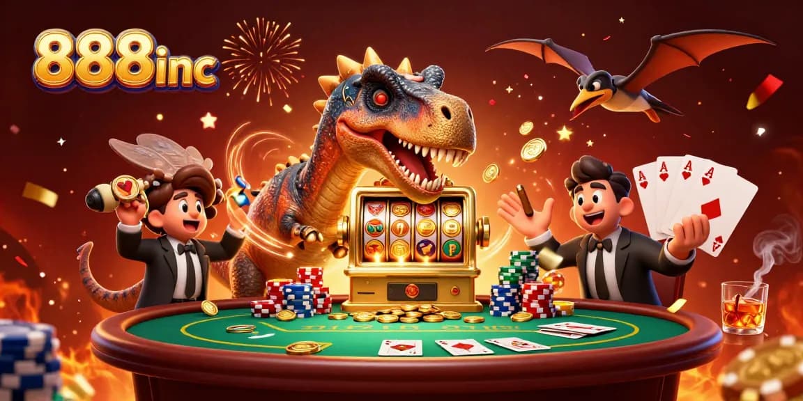 Experience the dynamic action of the 888inc casino scene featuring a pachycephalosaurus with a golden jackpot slot machine amidst flying coins and colorful poker elements.