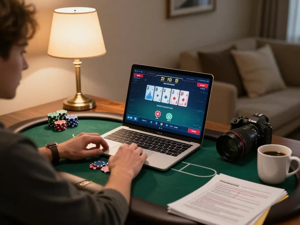 F168 player strategically engaged in exciting online poker at cozy home setup
