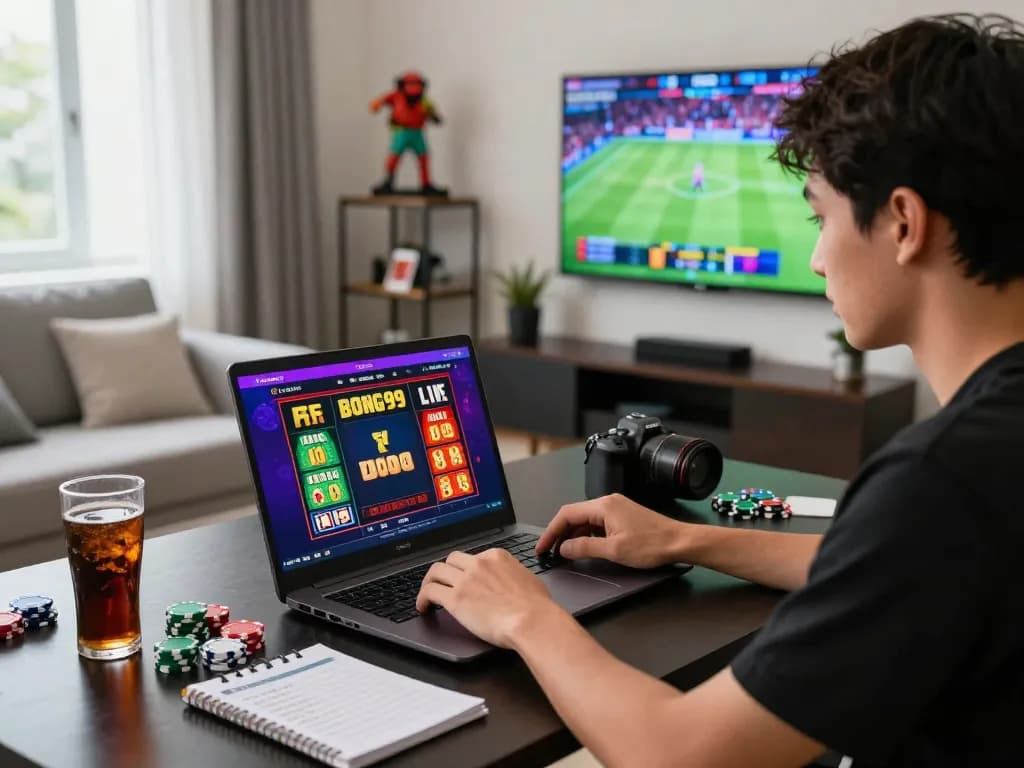 Engaged player on bong99 online gambling platform with vibrant setup and live sports.