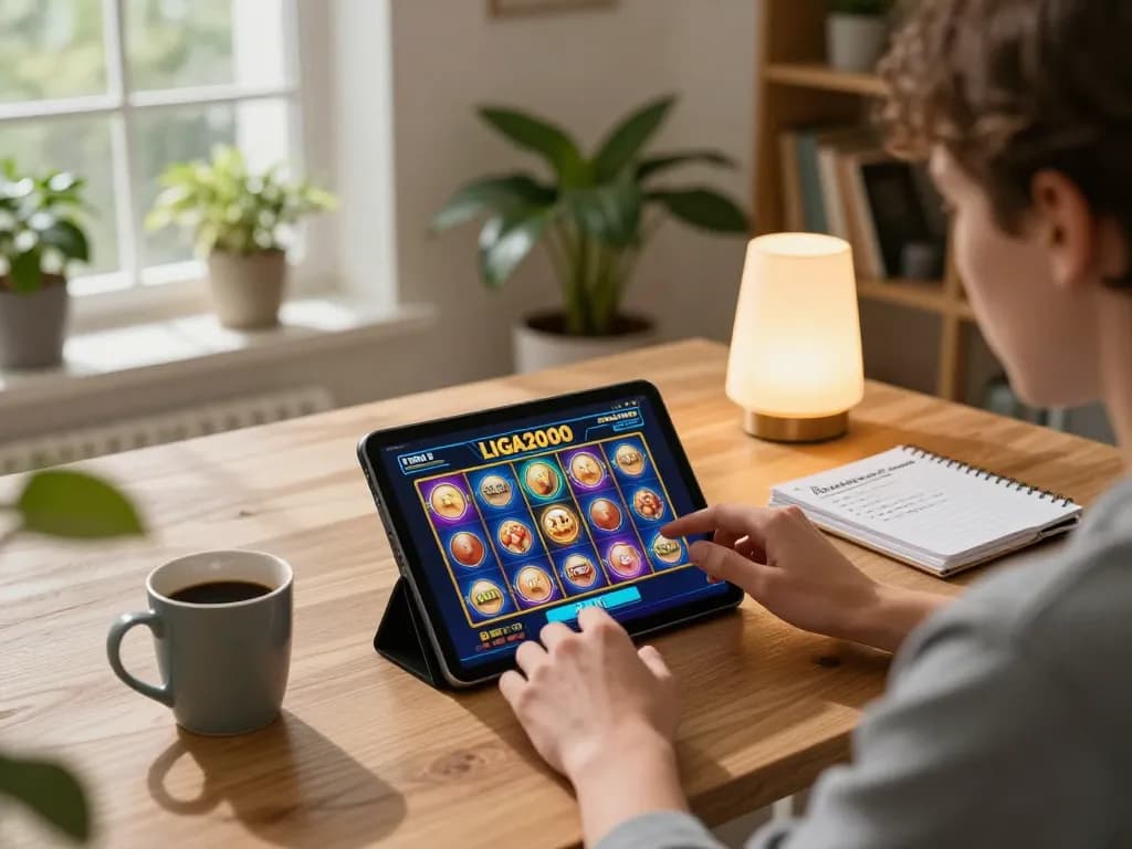 LIGA2000 player enjoying online slots in a cozy home environment with a tablet interface.