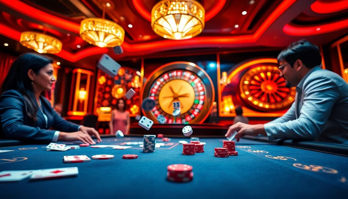 Excited players engaging in games at a luxurious 13win casino with vibrant decor and polished surfaces.