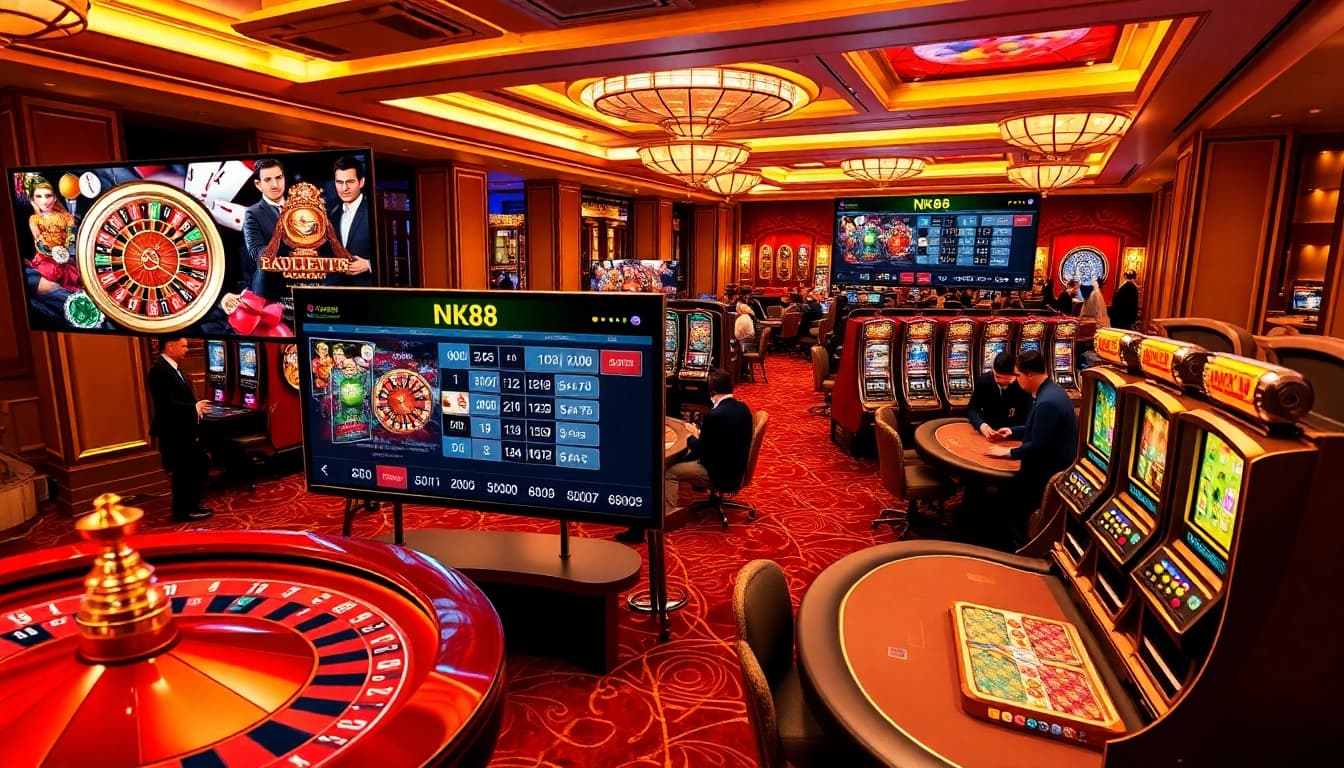 Engaging players on NK88's online casino platform, highlighting vibrant games and luxurious atmosphere.