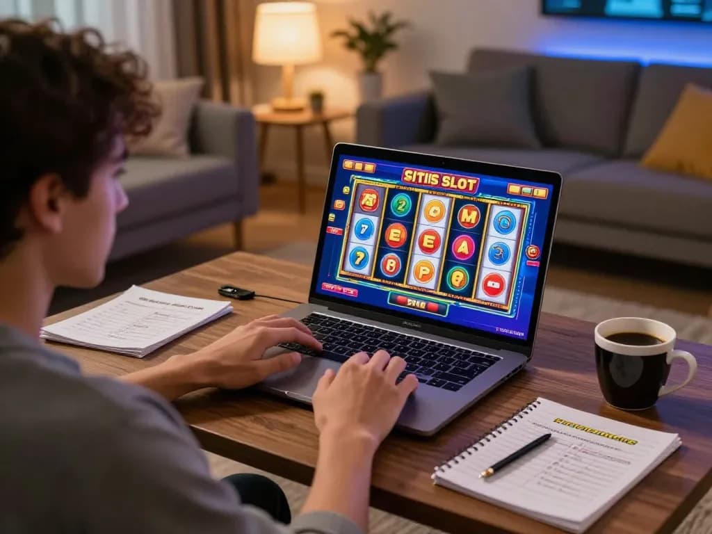 Engaged player enjoying situs slot games on a laptop in a cozy home setting, focusing on gaming strategy.