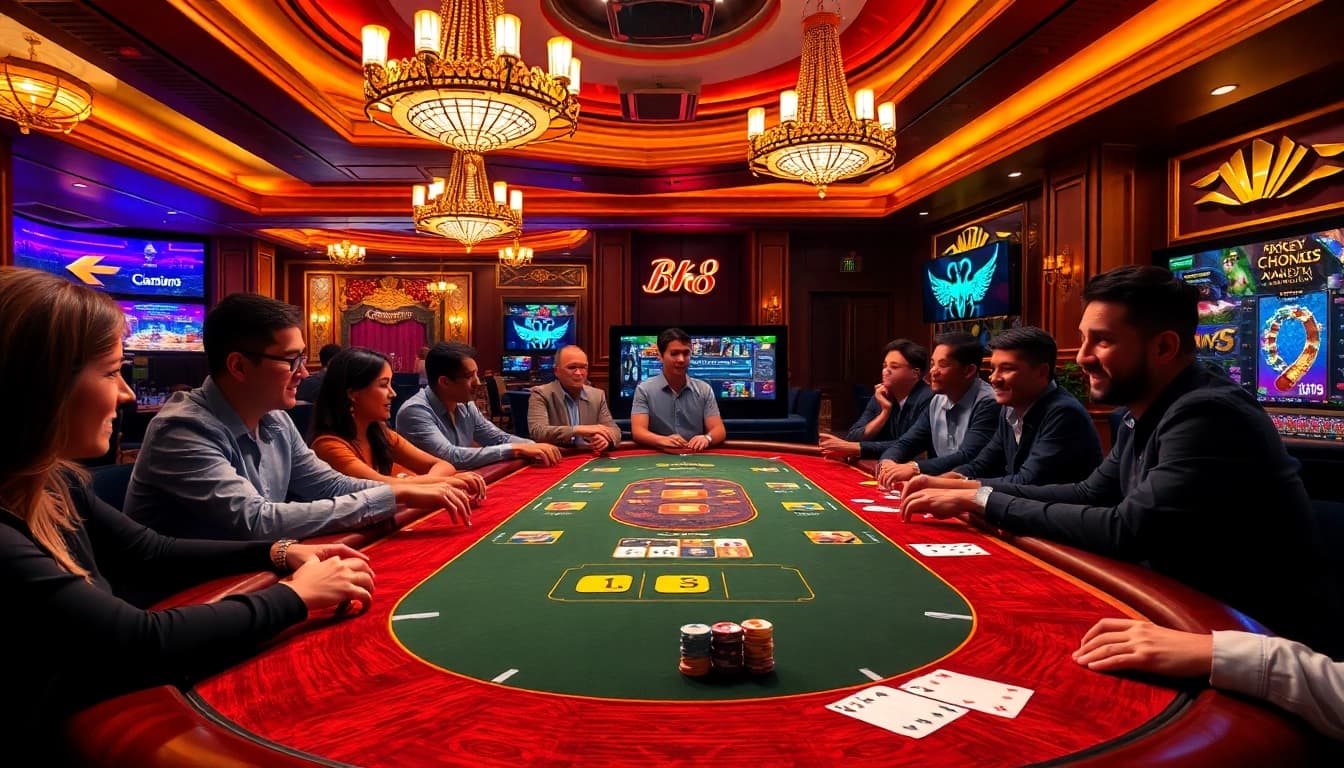 Players enjoying a vibrant BK8 casino experience at a professional gaming table with chips and cards.