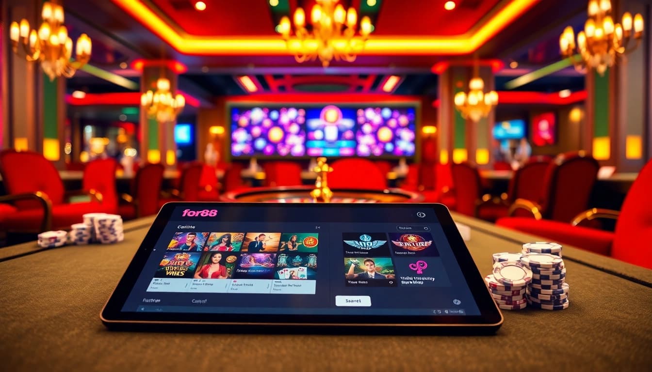 Experience the excitement of for88 with vibrant casino visuals featuring roulette wheels and poker chips.