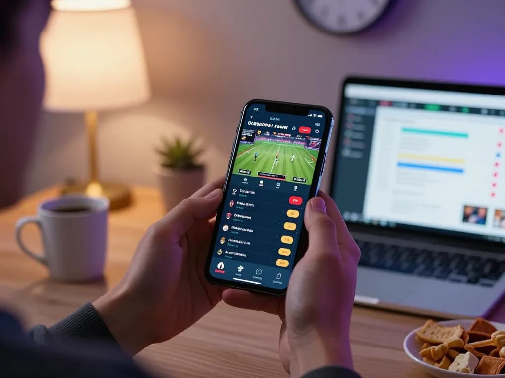SBOBET mobile app showcasing live sports betting odds in a cozy home gaming environment.