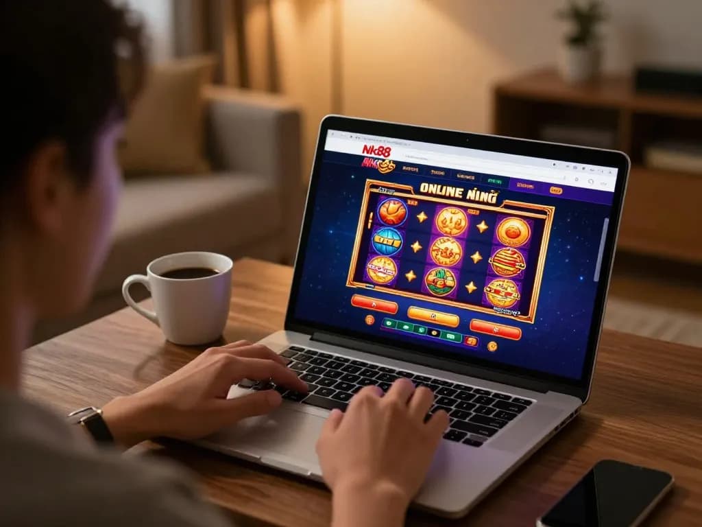 Navigating Nk88 đăng nhập for an online gaming experience in a cozy home setting.