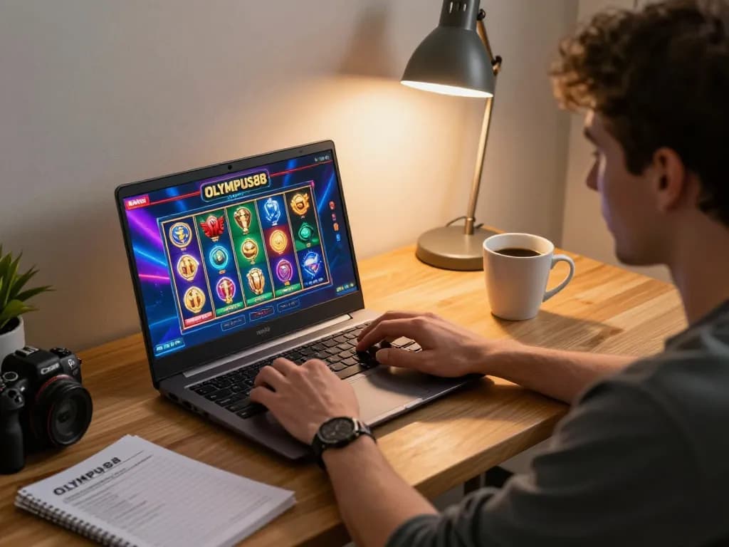 Engaging in OLYMPUS88 online slot games from a cozy home setup with focused gameplay.