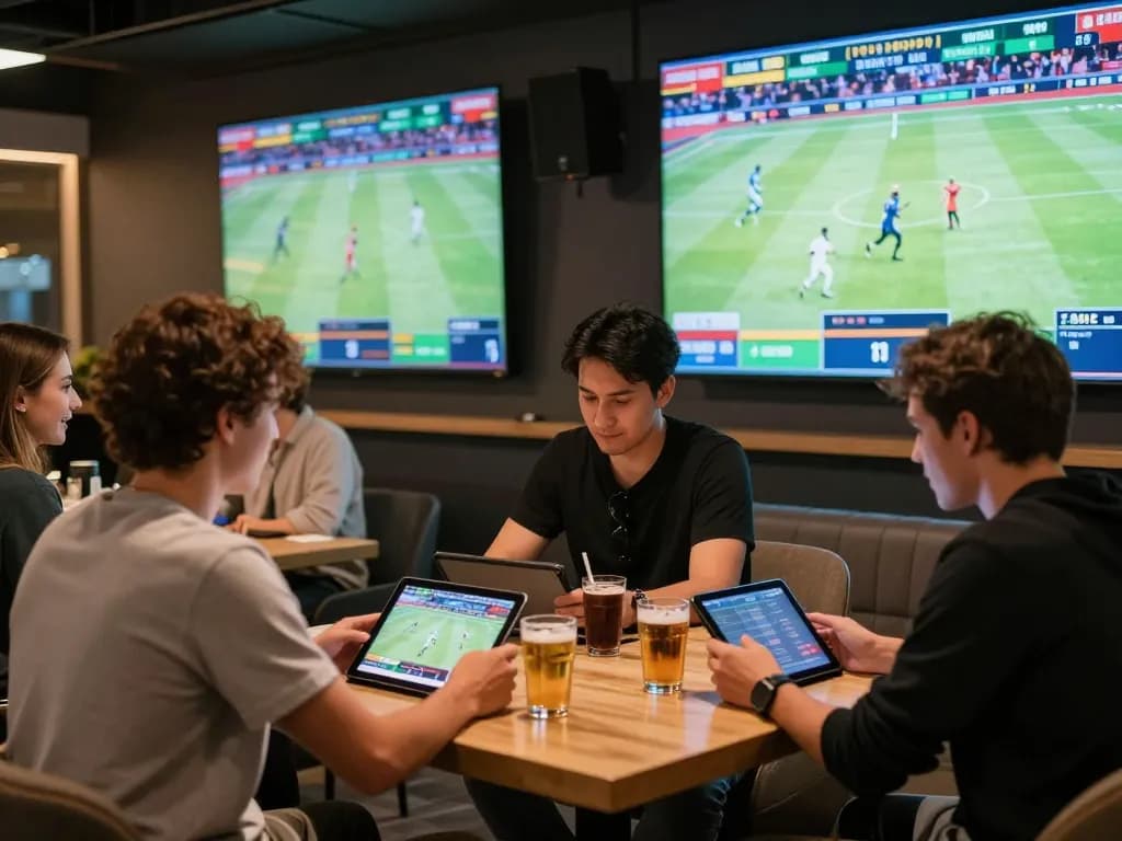 Friends engaging in sports betting at 33win lounge, excitement palpable with live games displayed.