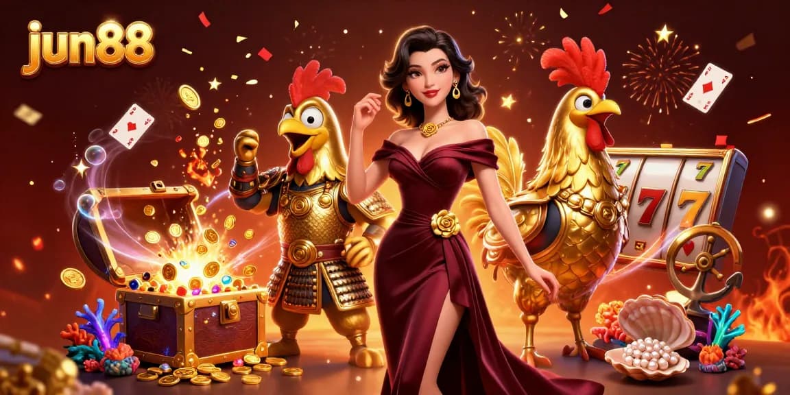 Engage in exciting gameplay at jun88 featuring glamorous casino elements, a stylish woman in a gown, and a fierce rooster warrior.