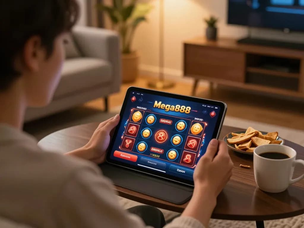 Engaging mobile gameplay as users download aplikasi mega888 on their tablets from a cozy home setup