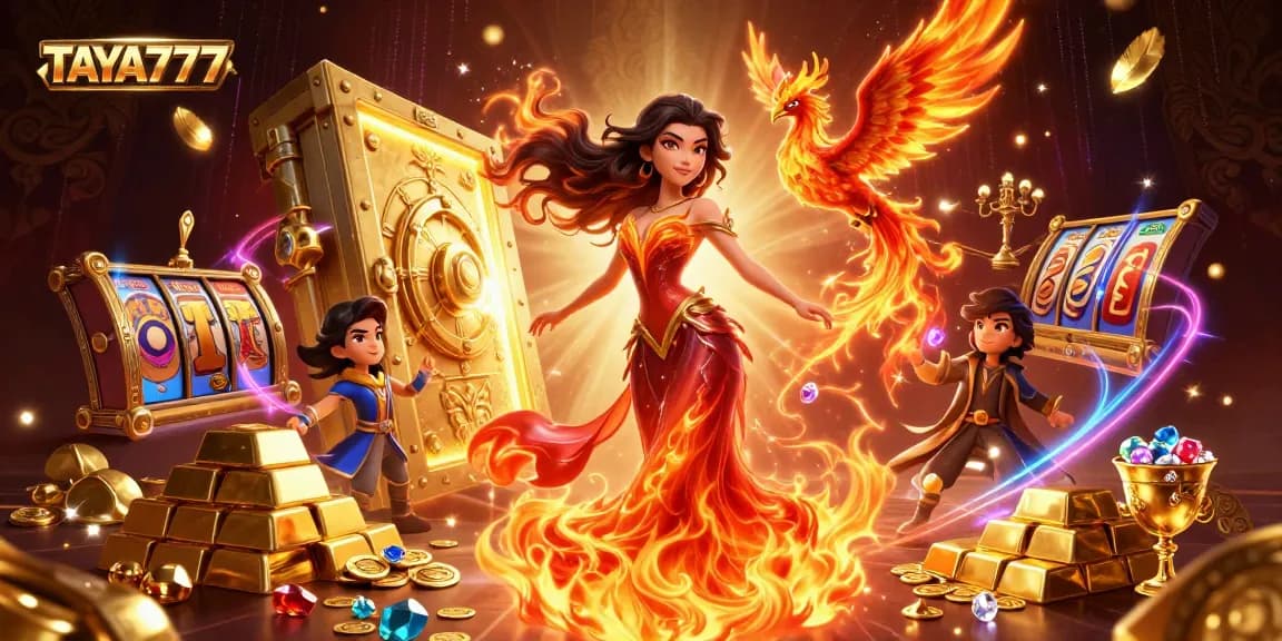 TAYA777's vibrant gaming scene, showcasing an Asian woman with fiery gown and a phoenix, surrounded by treasures and slot elements.