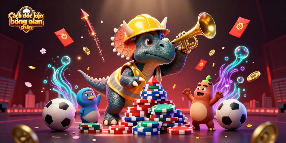 Cách đọc kèo bóng đá chuẩn: A vibrant scene illustrating sports betting concepts featuring characters and casino elements.