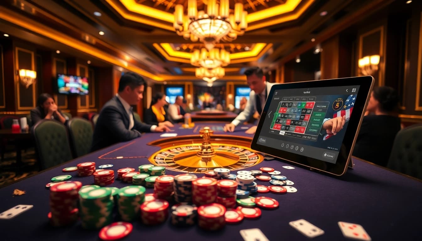 Experience an exciting nk88 casino environment with vibrant chips, a roulette wheel, and engaging players.