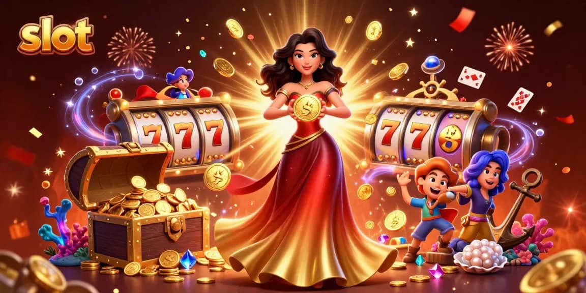 Spin thrilling slot games with golden coins and lucky symbols raining down in a vibrant casino scene.