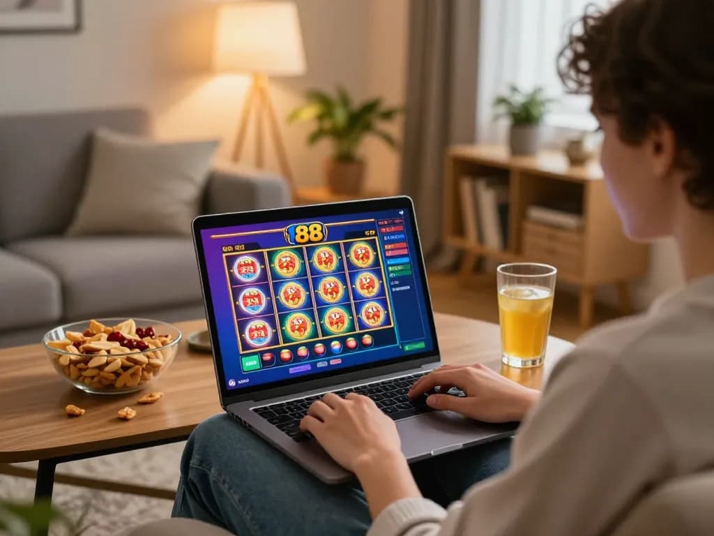 Engaging gaming session at home with slot88 play on laptop, showcasing colorful slots and relaxed atmosphere.