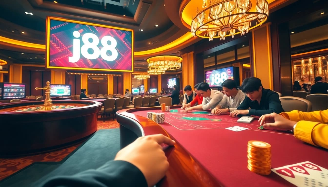 Engage in thrilling j88 casino games with vibrant chips and roulette wheel.
