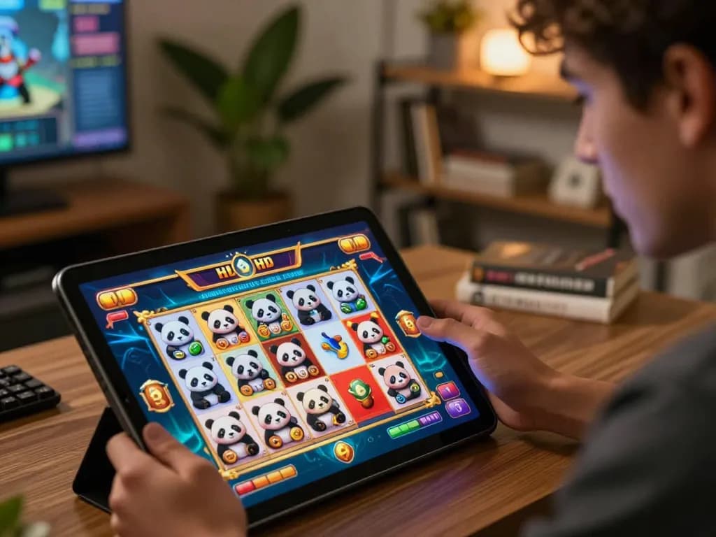 Permainan slot Panda Win dalam aksi di layar tablet yang cerah, menyoroti pengalaman bermain yang menarik.