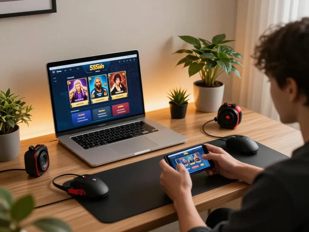 Experience online gaming with 555win on a smartphone in a stylish home setup.