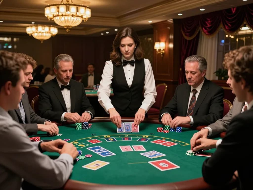 TR88 players enjoying an intense blackjack game with dealer at an elegant casino setting