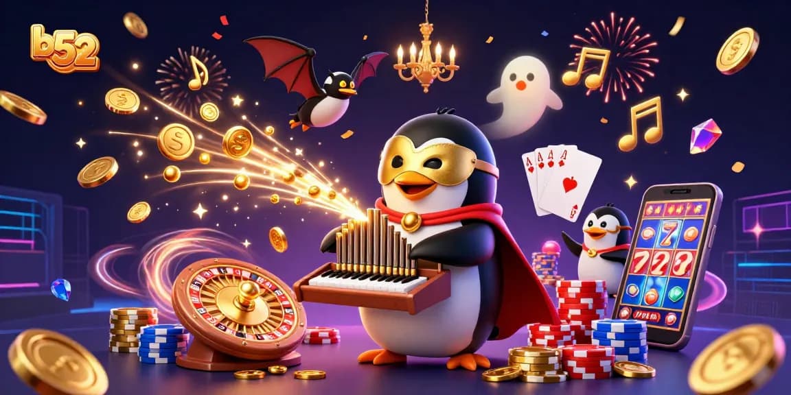 Experience thrilling gameplay with vibrant b 52 casino elements, featuring a penguin playing an organ with golden coins.