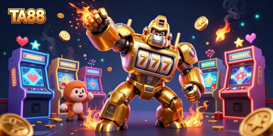 Engage with TA88's thrilling casino gaming experience featuring a dynamic golden gorilla mech.