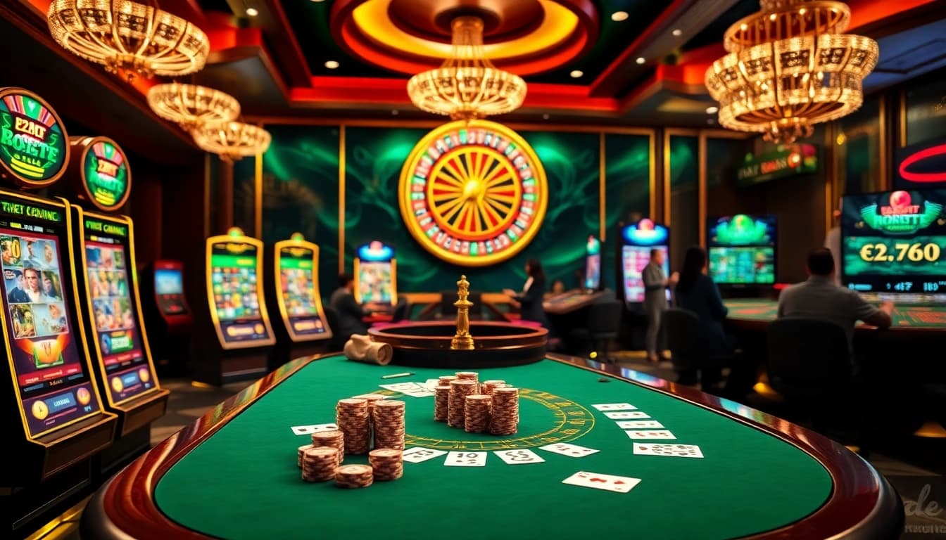 E2BET players engaging in thrilling table games and vibrant slots at an online casino.
