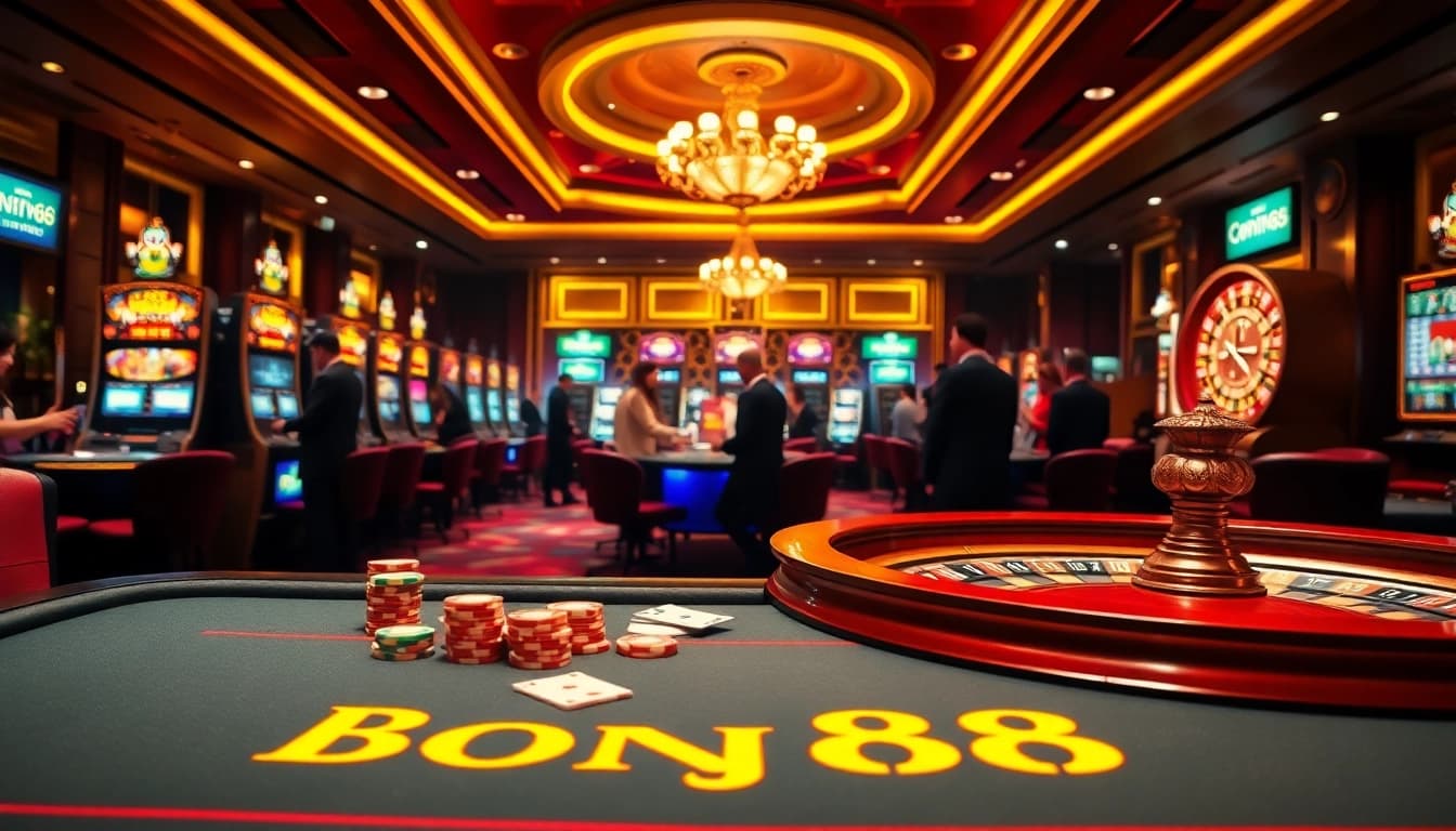 Players enjoy an exciting game at Bong88's high-stakes casino, featuring vibrant tables and neon lights.